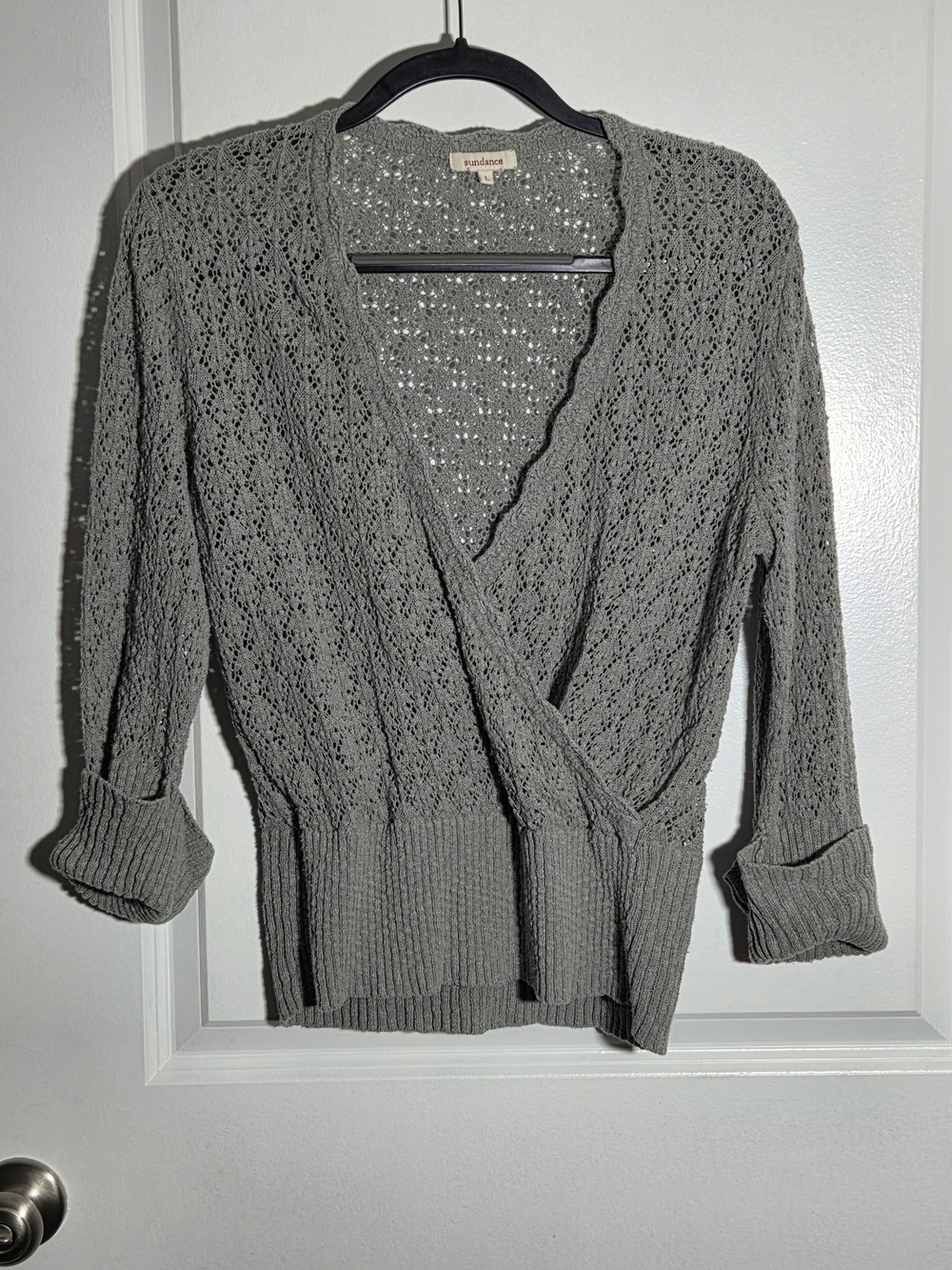 Sundance Women's Gray Crocheted Wrap Sweater Size Large Sleeves V Neck